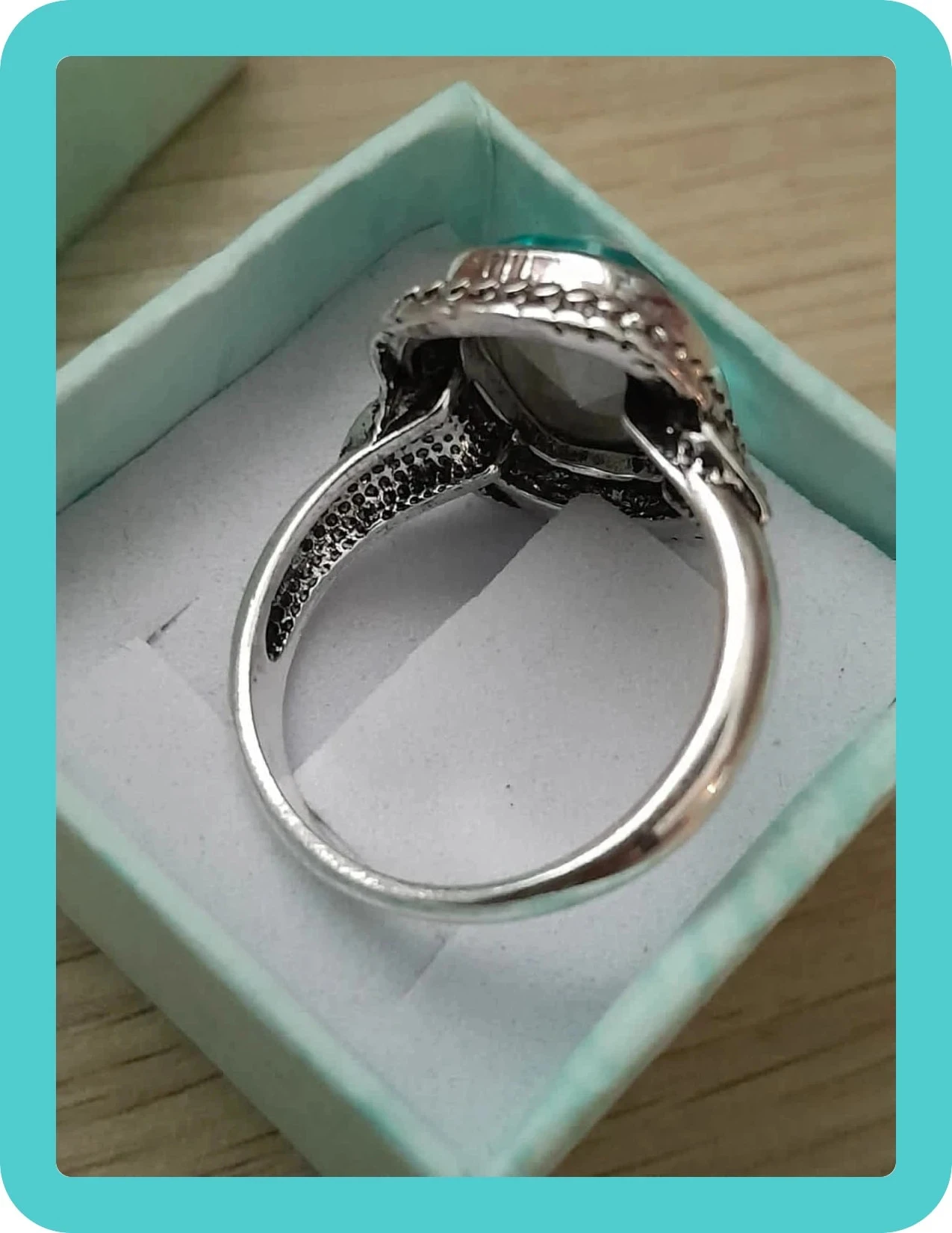 Bague stijl Vintage, rechthoekig, gegraveerd blauwe steen kleur Zilveren verouderde maat 60 – photo 4